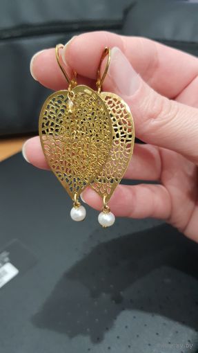 Серьги Физалис, ажурные в золоте с натуральным жемчугом. Лот С 1 РУБЛЯ! много лотов!