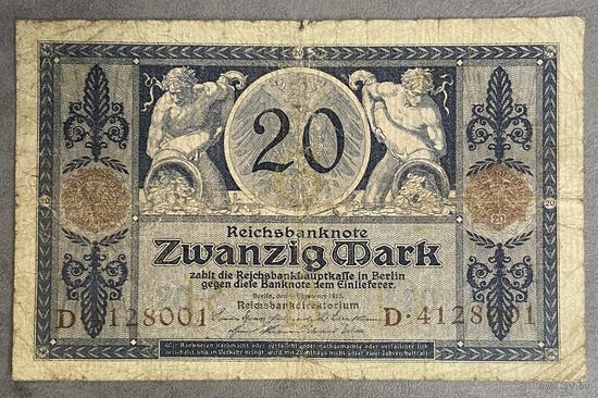 Банкнота 20 марок 1915 год. Германская империя.