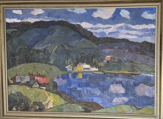 Гугель А.С "Пейзаж с озером", 1973 год. Холст, масло. Вероятно Логойщина. Размер с рамой 72,5х98,5 см.