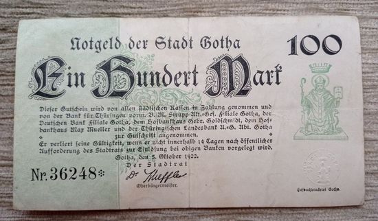 Werty71 Германия 100 марок 1922 банкнота Гроссгельд Гота 1