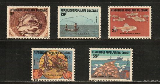 Конго-1984(Мих.971-975),  ** ,    Морская Фауна, Рыбы, Рыбалка (полная серия)