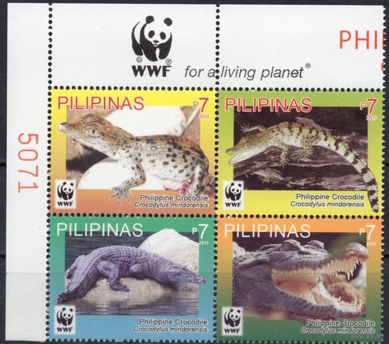 Филиппины 2011. Фауна WWF Крокодилы. 4 марки квартблок (4500)