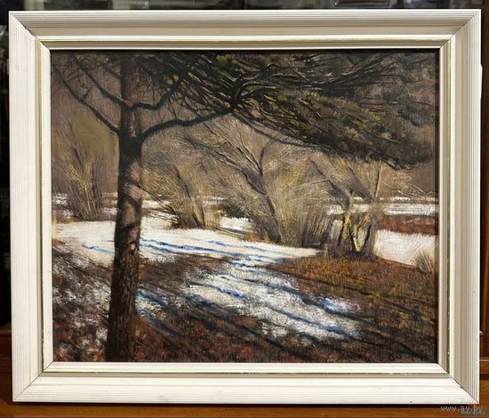 Казаков Б.И "Последний снег", 1998 г. ДВП, масло. Размер 45х54 см.