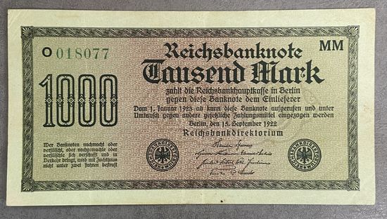 Банкнота 1000 марок 1922 год. Веймарская республика.