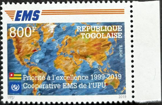 Того  2019  История почты. UPU EMS . Карта мира. Совместный выпуск.