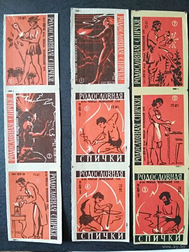 Спичечные этикетки. 1959. Родословная спички. Сер. 9 шт.