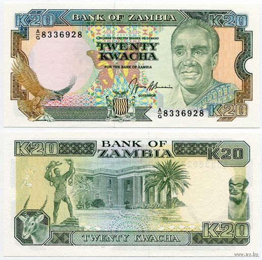 Замбия. 20 квача (образца 1989 года, P32b, UNC)