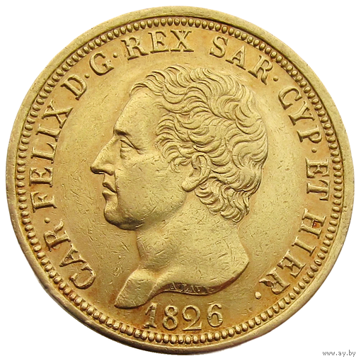 Сардиния/ Sardinia (королевство), 80 лир 1826 г., сост. AU, золото 900/ 25,8 г, м.д. Турин, Карл Феликс, гурт: FERT - FERT - FERT, KM#123, в капсуле