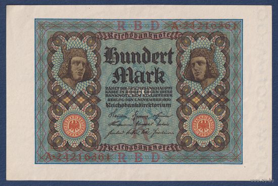 Германия, 100 марок 1920 г, P-69b (R, статуя Бамбергского всадника в Бамбергском соборе), aUNC