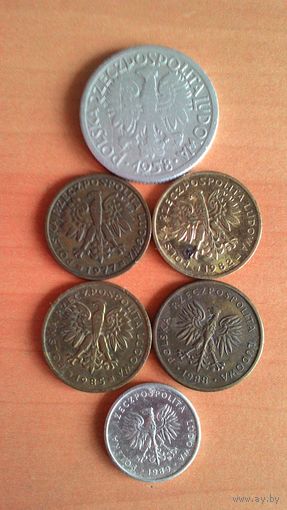 2 злотых 1958, 1977, 1982, 1985, 1988, 1989. Сборный лот, 6 монет.