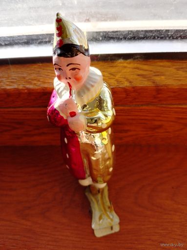 Елочная игрушка на прищепке Клоун с дудочкой винтажная советская, стекло, СССР