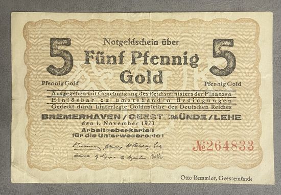 Банкнота 5 пфеннигов золотом 1923 год. Бремерхафен, Геестемюнде, Леэ. Веймарская республика
