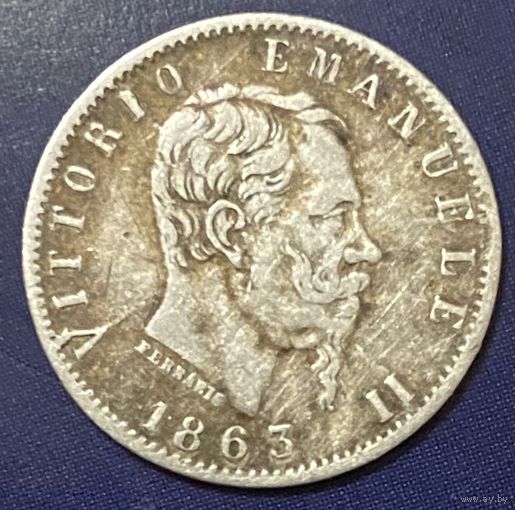 Монета 20 чентезимо 1863 год. Италия. Король Виктор Эммануил II