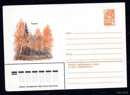 Художественный маркированный конверт СССР N 015149 (15.09.1981) Пейзаж осеннего леса с летящим самолетом