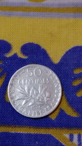 Франция 50 сантимов 1910 серебро