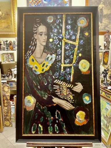 Кищенко А.М;Нар.худ;140/80см;1981г;х/м;"Девушка с цветами", 1981г. Холст, масло. Размер 140х80 см.