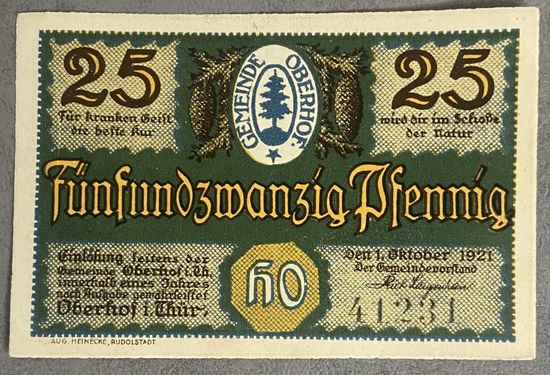 Нотгельд 25 пфеннигов 1921 год. Оберхоф,. Веймарская республика