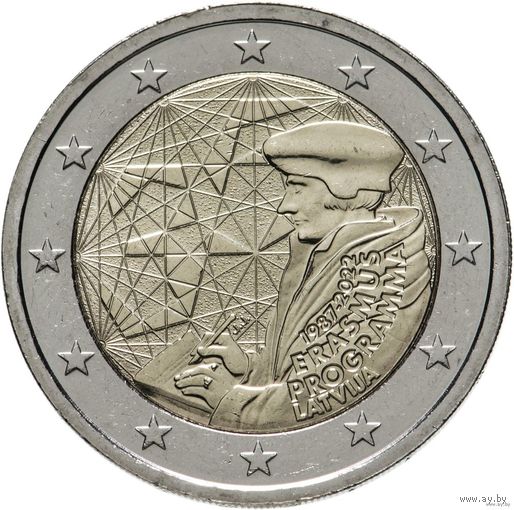 2 евро 2022 Латвия 35 лет программы Erasmus UNC из ролла