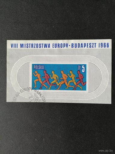 Польша 1966 Блок Mi.39 с маркой "Чемпионат Европы по легкой атлетике в Будапеште" (спецгашение без клея и наклеек) марка Mi.1688 каталог 1.50 евро