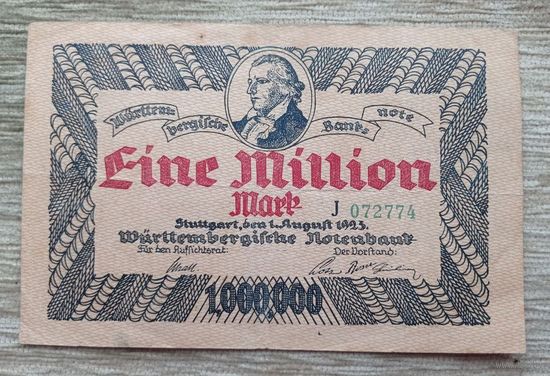 Werty71 Германия Веймар 1000000 марок 1923 банкнота 1 миллион гроссгельд Вюртемберг Штутгарт
