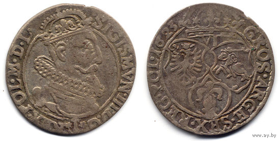 6 грошей (шостак) 1623, Сигизмунд III Ваза, Краков. Ав - SIGISMVN в легенде, Рв - дата в конце легенды. Патина, хорошее состояние