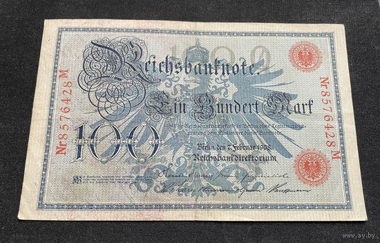 100 марок 1908 год / Германская империя банкнота тип 1883 года Blauer Hunderter / номер семь знаков, красная печать (1)
