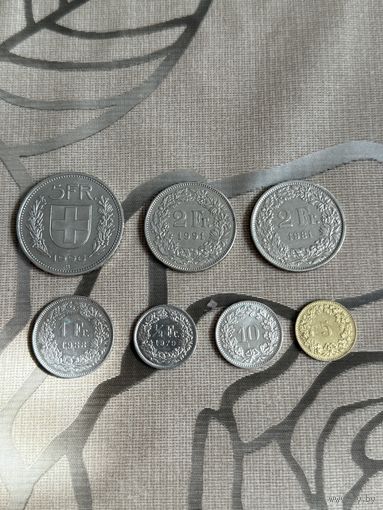 Набор монет Швейцария без повторов 5, 2, 1, 1/2 франка, 10,5 раппен всего на 10,65 франков (дешевле номинала)