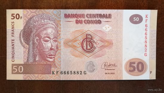 Конго (ДР) 50 франков 2022 г., P:97b, надпечатка см. в описании лота