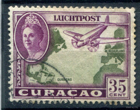 Нидерландские колонии - Кюрасао - 1942г. - ландшафты, авиация, королева Вильгельмина, авиапочта, 35 с - 1 марка - гашёная [Mi 188]. #3-WB-73-A-1