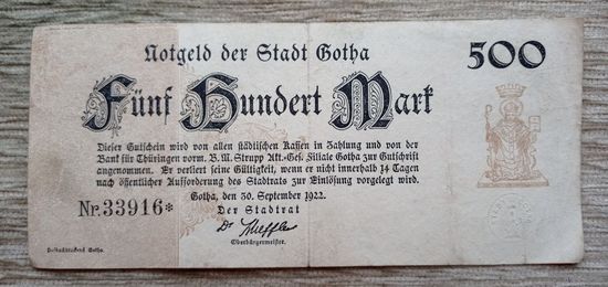 Werty71 Германия 500 марок 1922 банкнота Гроссгельд Гота 1 1
