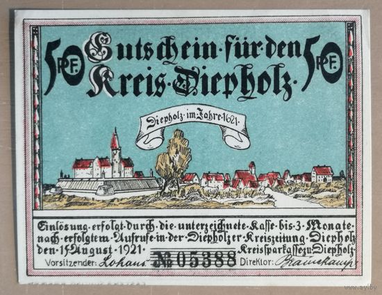 Германия, нотгельды, 50 пфеннигов 1921 год, Дипхольц (Diepholz) 273.3а. вар 2