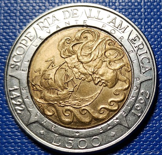 Сан - Марино 500 лир 1992 г. 500 лет открытию Америки.