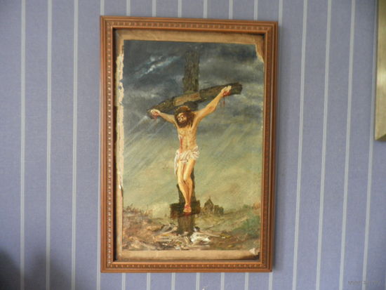 Старая картина с чердака Распятие Иисуса Христа на холме Голгофа.С рубля.