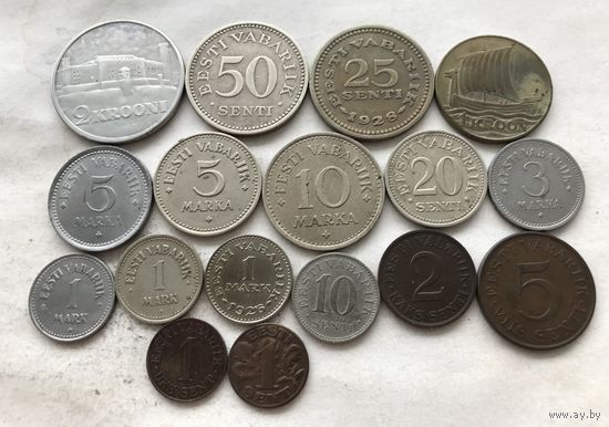 Межвоенная Эстония - коллекция монет Первой республики 1922-1927 и 1928-1940 с редким 1 сентом 1939!