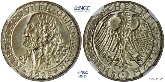 3 рейхсмарки 1928 г. D. Веймарская республика. Германия. 400 лет со дня смерти Альбрехта Дюрера. NGC MS 63. Серебро. Очень редкие. 50 тыс. шт. КМ# 58