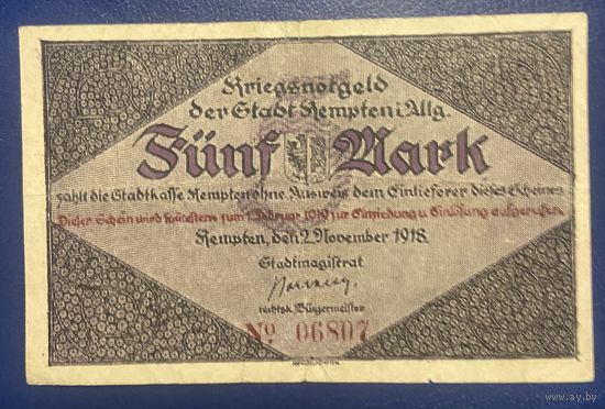 Банкнота 5 марок 1918 год. Кемптен. Веймарская республика