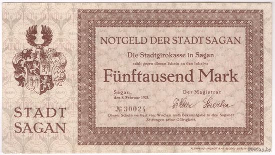 Германия Саган 5000 марок 1923 года. Состояние XF