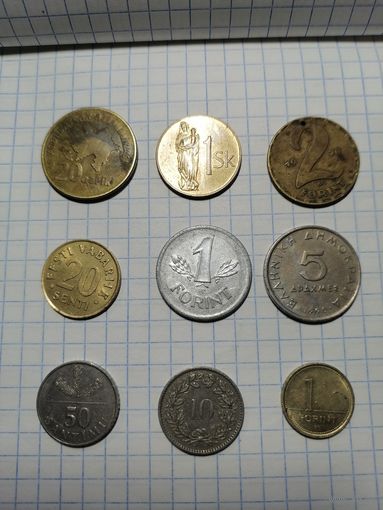 Монеты разных стран 9 шт., одним лотом. Старт с 2-х рублей. Смотрите другие лоты, много интересного.