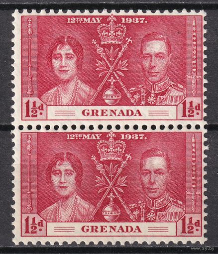 80.BrKS. Великобритания. Колонии.  Гренада. Коронация Георга VI и Елизаветы. 1937 г. 1 1/2P. Mi.#121. Пара. MNH.