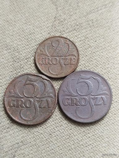 Распродажа - 2 гроша 1935г.,5 грошей 1923 и 1928гг.,Польша,Вторая Республика