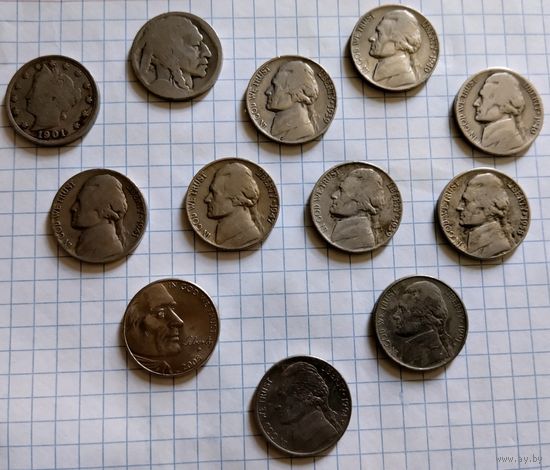 США монеты 5 центов сборный лот 12 монет 1901 1935 1939 1940 1941 1947 1958 1991 1994 2005
