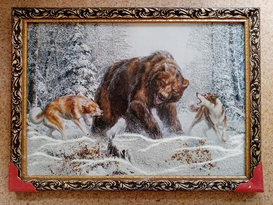 Смешанная техника, "На охоте", камни фанера. 76х57см