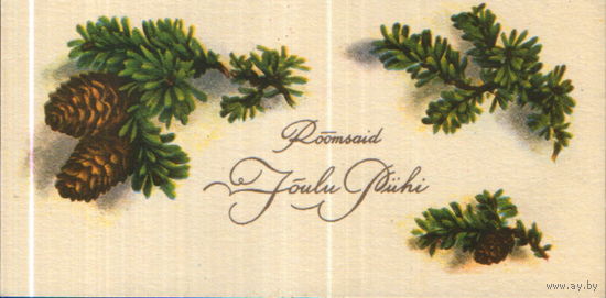 Подписанная мини-открытка 1990г. ЭССР "С Новым годом! Ветка пихты" из коллекции Л. Тубре