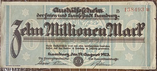 Банкнота 10 миллионов марок 1923 год. Гамбург Веймарская республика
