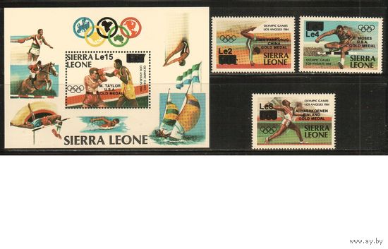 Сьерра-Леоне-1985,(Мих.827-829,Бл.33)  **  Спорт,  ОИ-1984 , Надп. нов. номинал(полная серия)