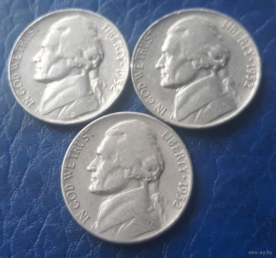 5 центов  1952 P D S США Джеферсон 3 монеты