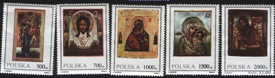 Польша 1991.04.09 (Mi)PL3319-3323 5 марок из сер.Иконы из Музея Lubuska Land в Зелена-Гура - 500zl,700zl,1000zl,1500zl,2000zl,2200zl (ч) (a1-19 ТОРГ поштучно по запросу