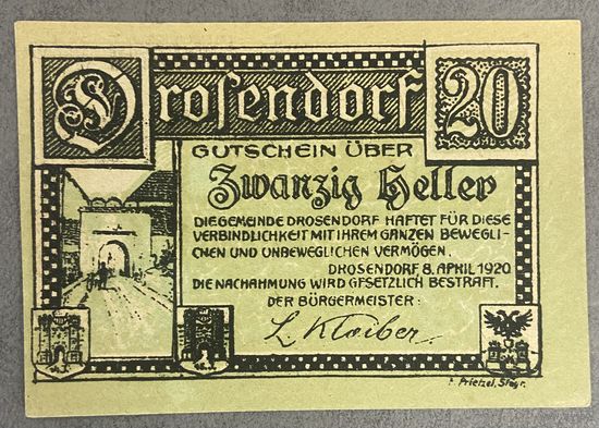 Геллеров Нотгельд Австрия Дрозендорф, 20 геллеров 1920 год