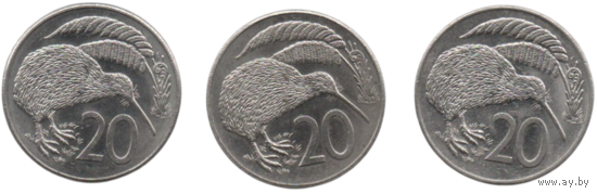 Королевство Новая Зеландия. 20 центов 1986, 1987, 1989. 3-й тип портрета. Фауна. Птица. Киви. Цена за одну монету.