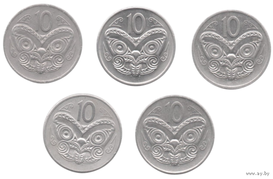 Королевство Новая Зеландия. 10 центов 1974, 1977, 1980, 1981, 1982. Маори коруру (резная маска). 2-й тип портрета. Цена за одну монету.